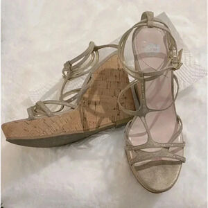 Y2K Juicy Couture Wedge Cork Gold Rhinestone Heel Sandals Size 8